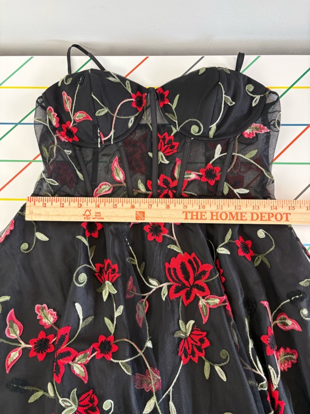 B. Darlin Black Mesh Dress w/ Red Floral Embroidery & Corset Top sz 9/10 fairy - Picture 12 of 13